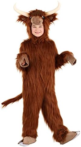 Kids Highland Cow Costume Faux Fur Velour Jumpsuit Adjustable Hood X-Large