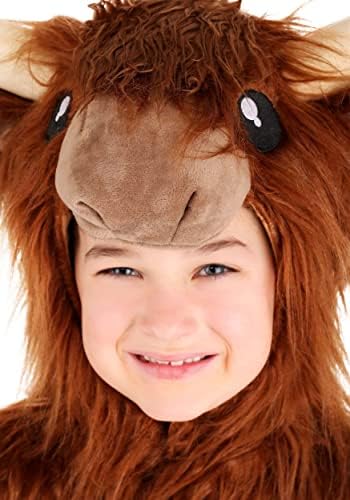 Kids Highland Cow Costume Faux Fur Velour Jumpsuit Adjustable Hood X-Large