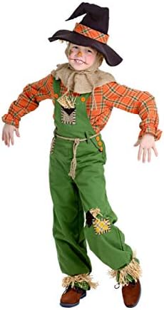 Classic Scarecrow Costume for Kids Halloween Savings Green Overalls Plaid Shirt