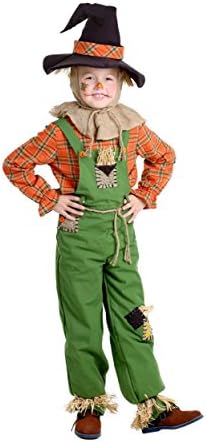 Classic Scarecrow Costume for Kids Halloween Savings Green Overalls Plaid Shirt