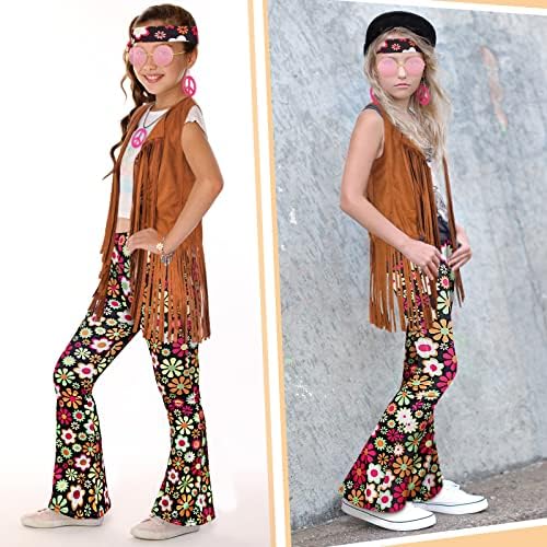 Jenaai 7-Piece 60s70s Hippie Kids Costumes Set Retro Boho Style