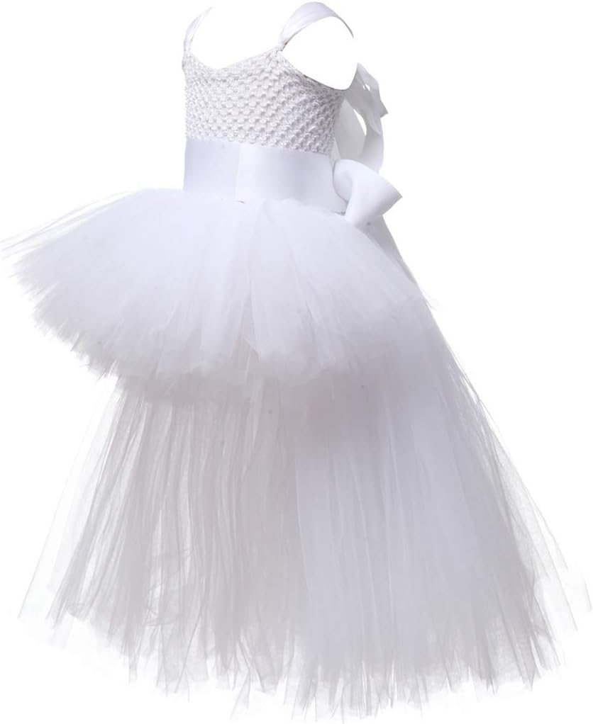 Girls V-Neck Tulle Evening Dress with Train for Parties Weddings