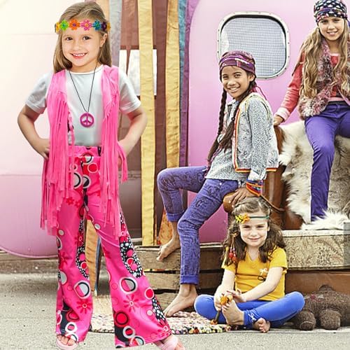 8-Piece Girls 60s-70s Hippie Costume Set with Bohemian Accessories