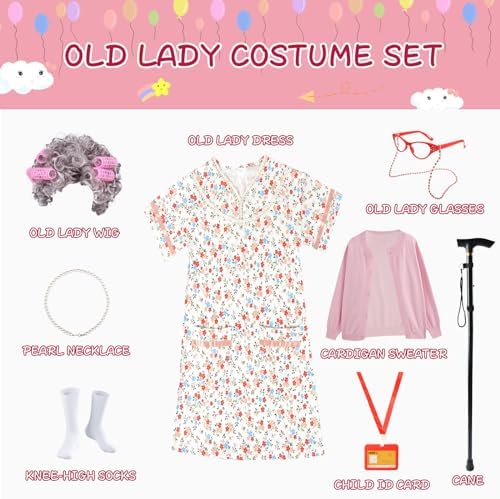 FAYBOX 9-Piece Old Lady Costume for Kids