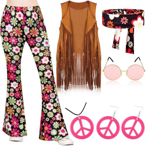 Jenaai 7-Piece 60s70s Hippie Kids Costumes Set Retro Boho Style