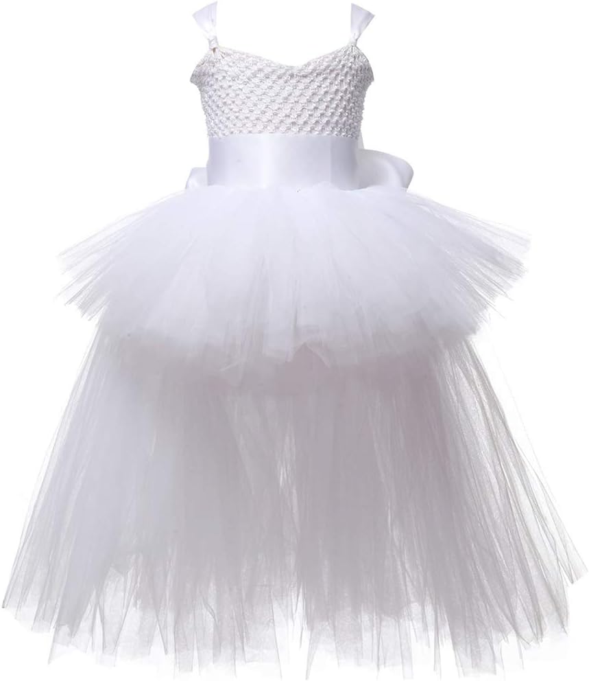 Girls V-Neck Tulle Evening Dress with Train for Parties Weddings
