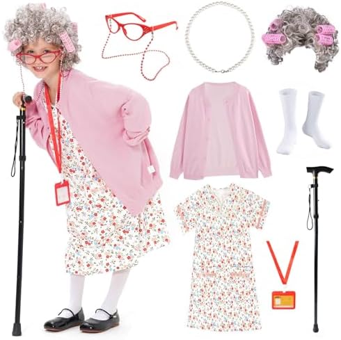 FAYBOX 9-Piece Old Lady Costume for Kids