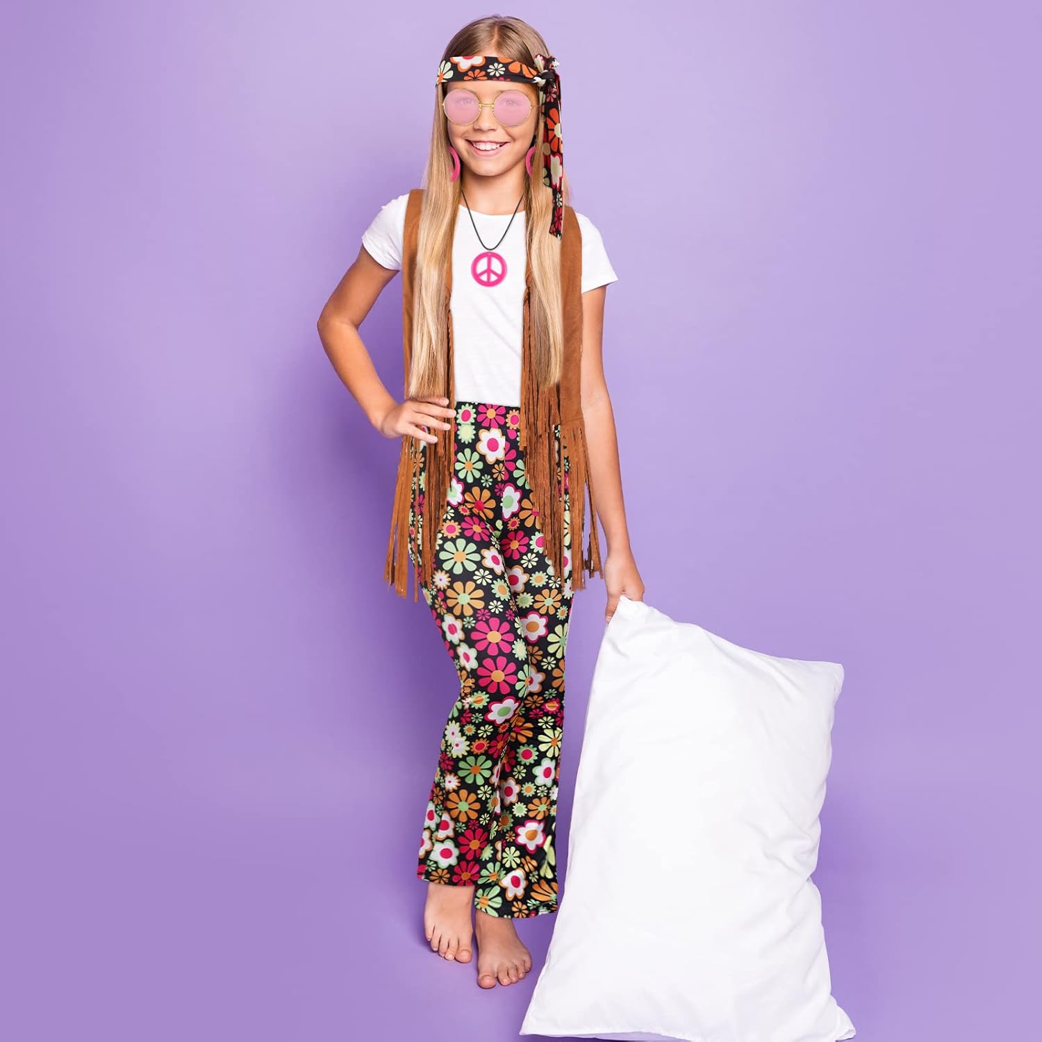 Jenaai 7-Piece 60s70s Hippie Kids Costumes Set Retro Boho Style