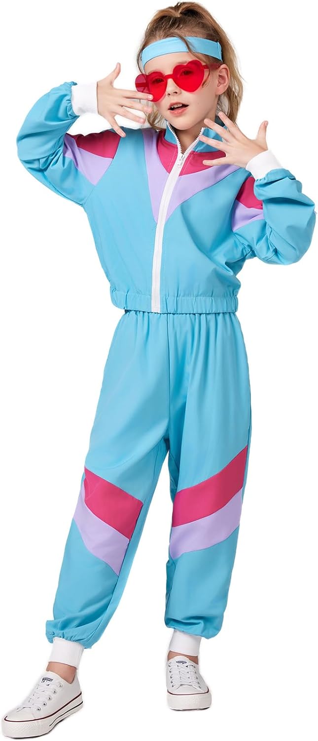 80s90s Retro Windbreaker Set for Girls Track Costume Outfit with Matching Headband