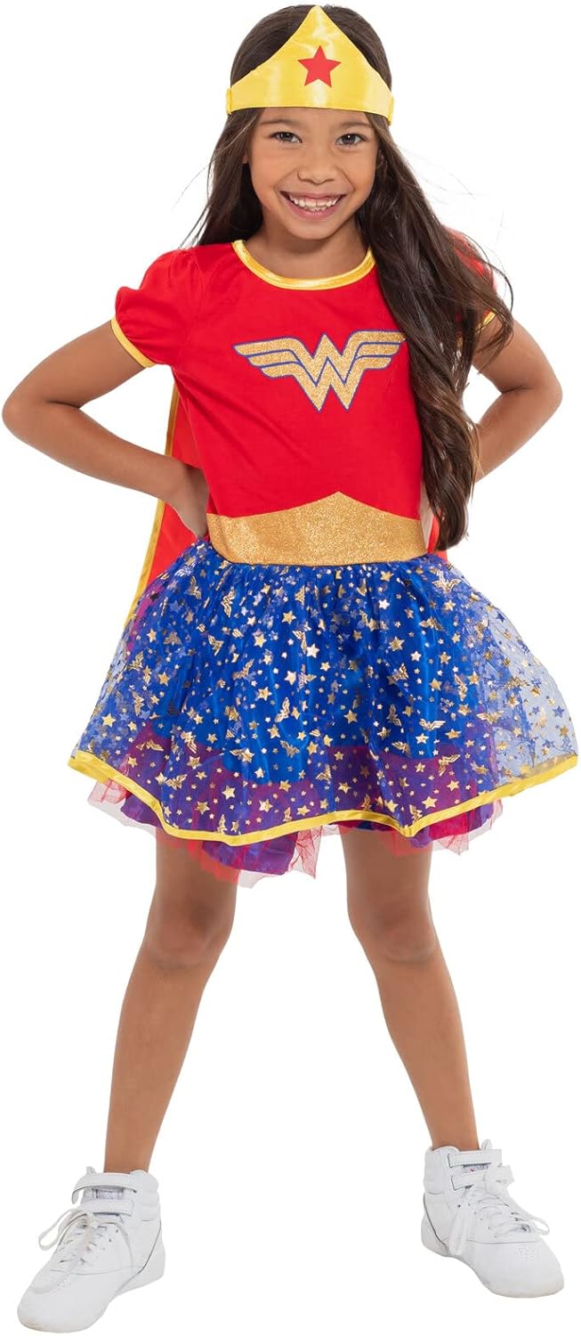 Warner Bros Justice League Wonder Woman Girls Cosplay Costume Dress Cape Headband