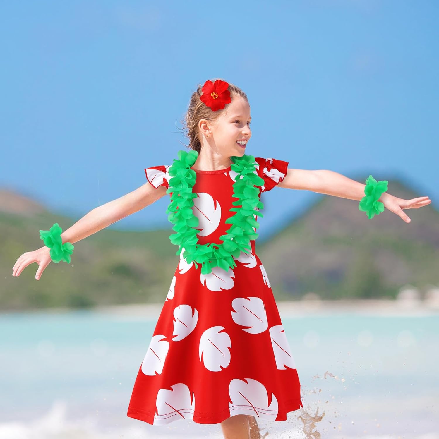 Hawaiian Princess Costume Dress for Kids with Flower Leis and Hair Clip