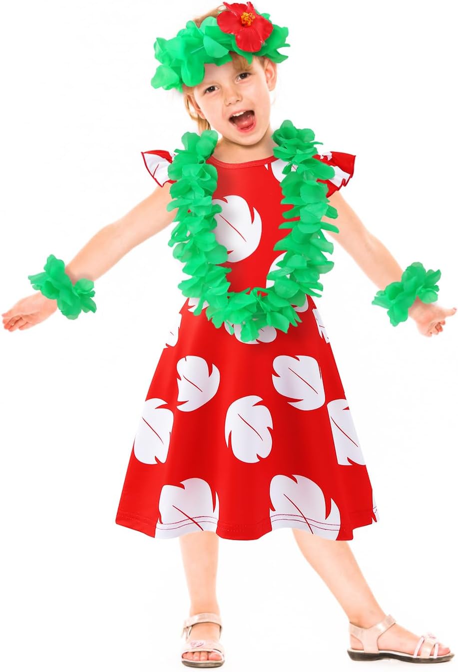 Hawaiian Princess Costume Dress for Kids with Flower Leis and Hair Clip