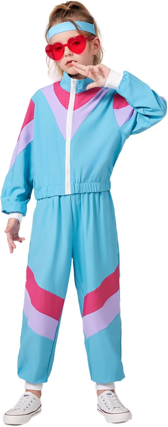 80s90s Retro Windbreaker Set for Girls Track Costume Outfit with Matching Headband
