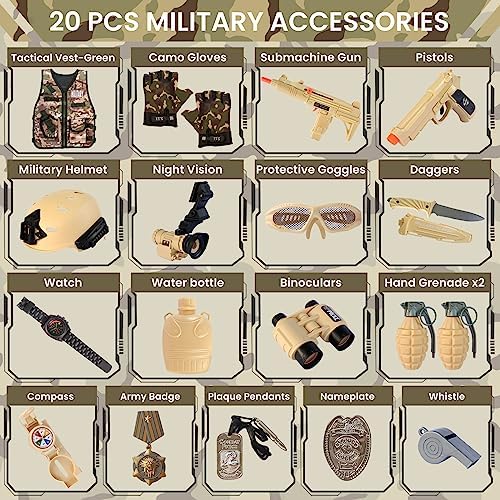 ZIRSENG 20-Piece Army Costume for Kids 3-10
