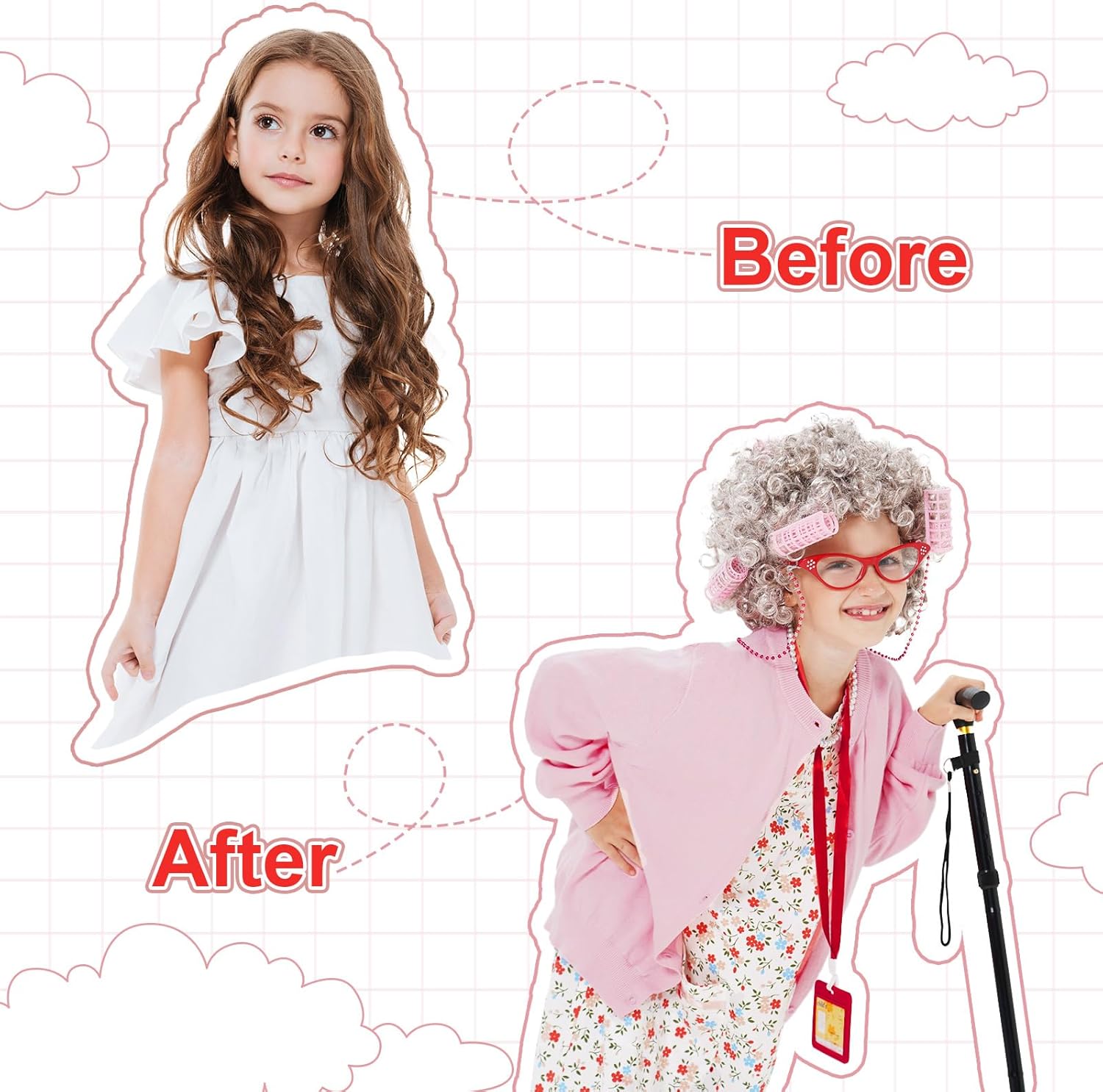 FAYBOX 9-Piece Old Lady Costume for Kids