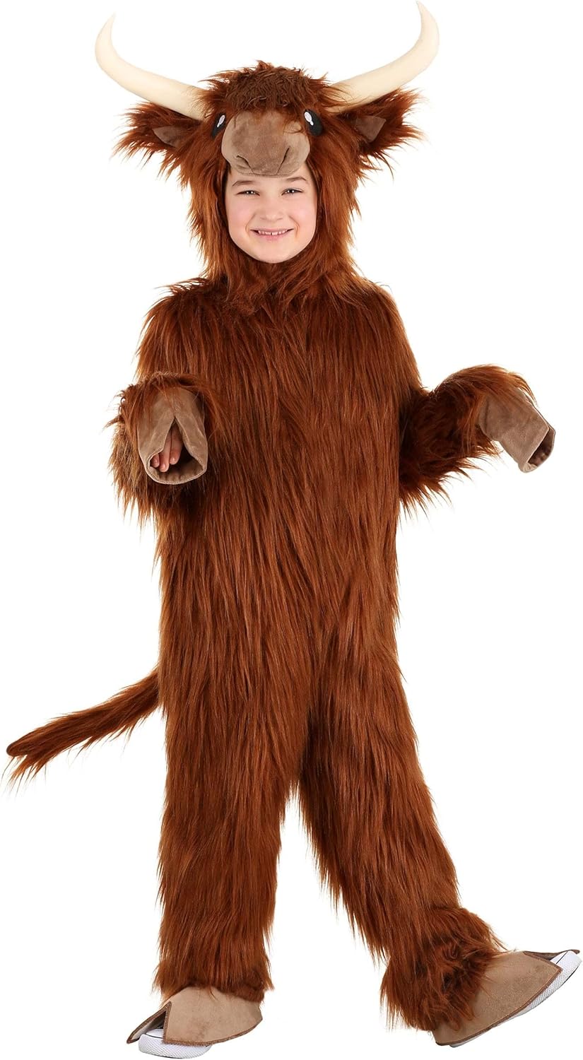 Kids Highland Cow Costume Faux Fur Velour Jumpsuit Adjustable Hood X-Large