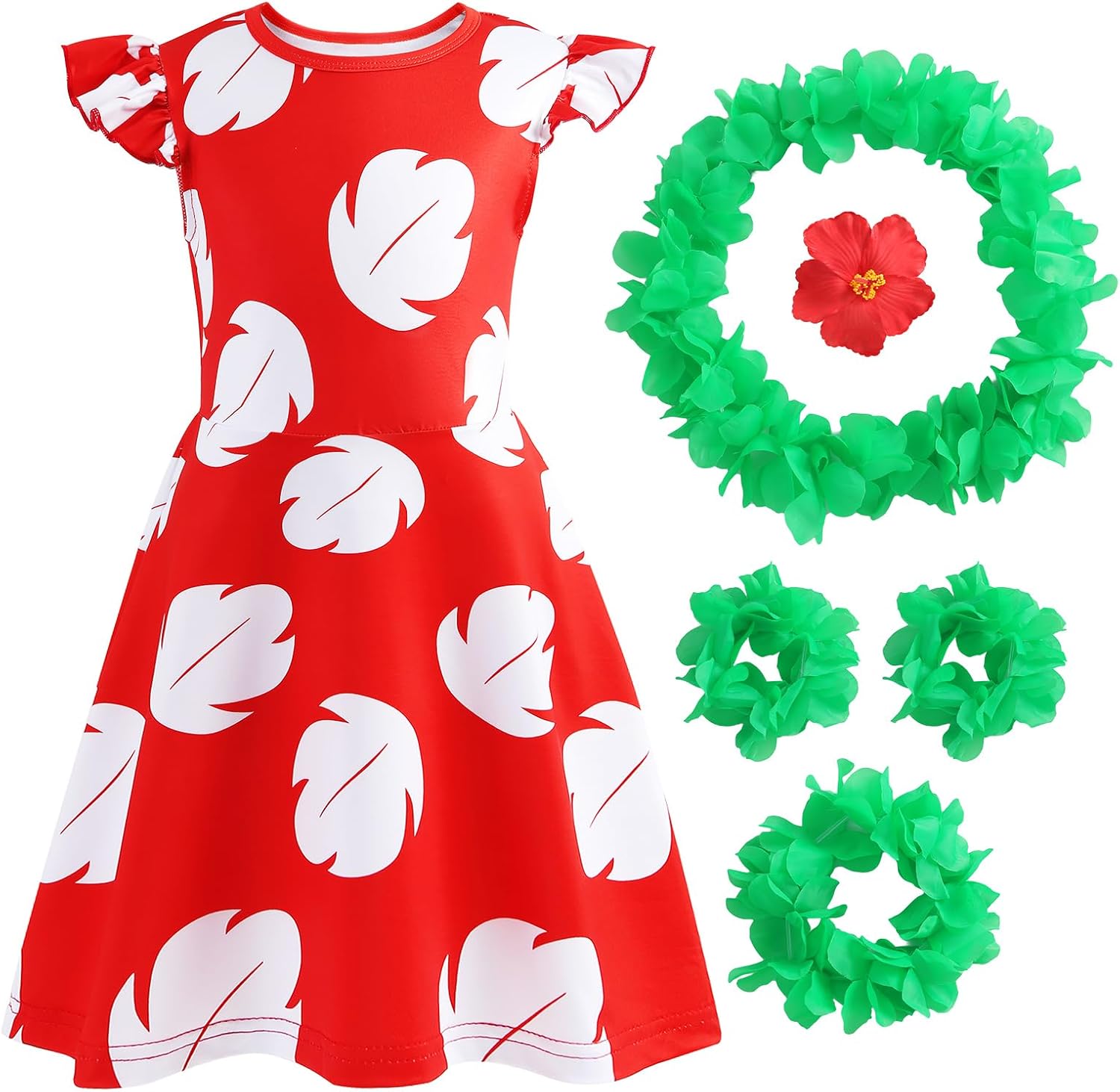 Hawaiian Princess Costume Dress for Kids with Flower Leis and Hair Clip