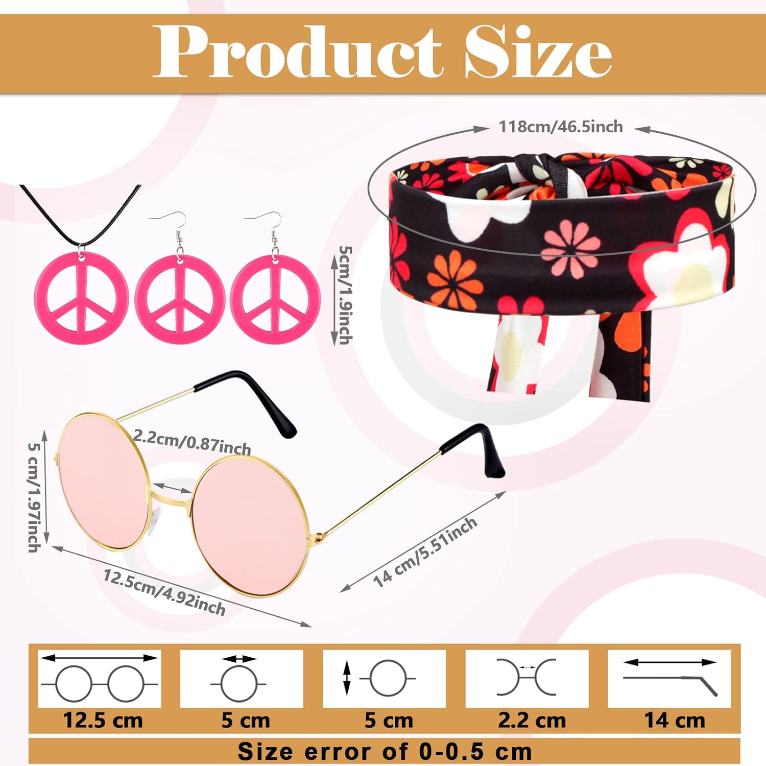 Jenaai 7-Piece 60s70s Hippie Kids Costumes Set Retro Boho Style