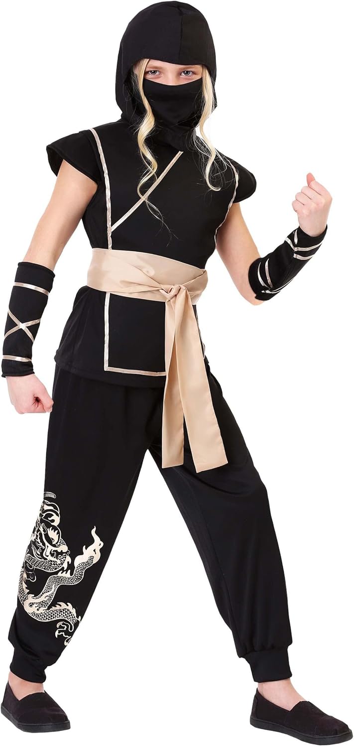Guardian Ninja Costume for Girls Black Jumpsuit with Gold Trim