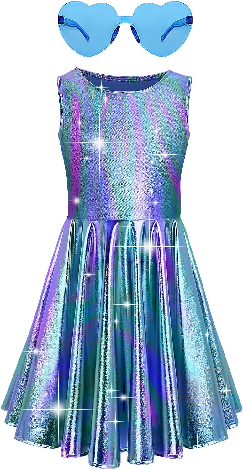 Techcity Girls Sparkle Flared Metallic Dress with Sunglasses
