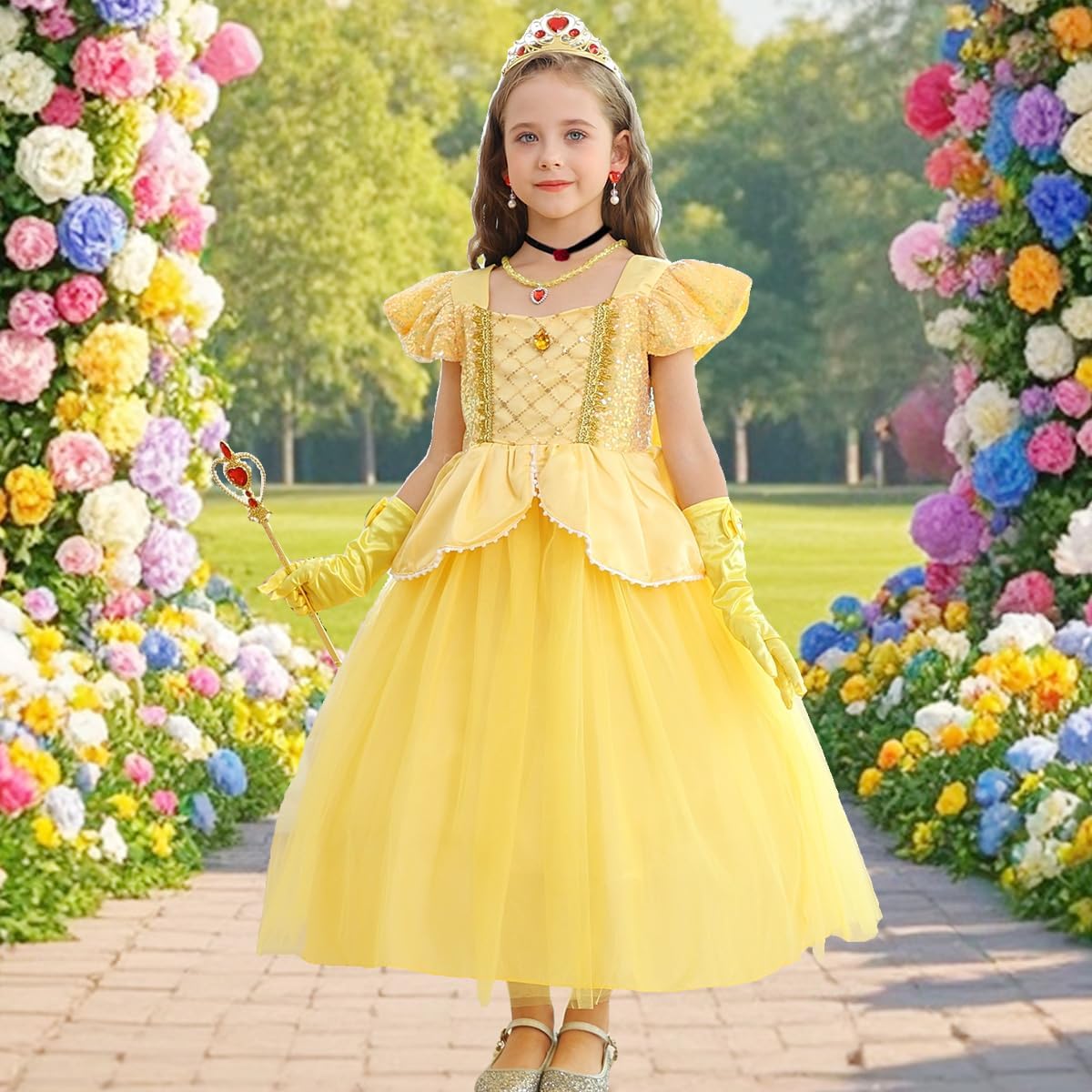 Princess Dress with Accessories Halloween Yellow Fast Delivery