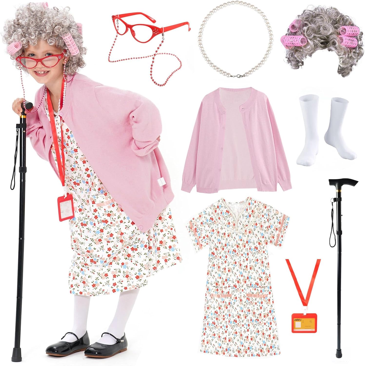 FAYBOX 9-Piece Old Lady Costume for Kids