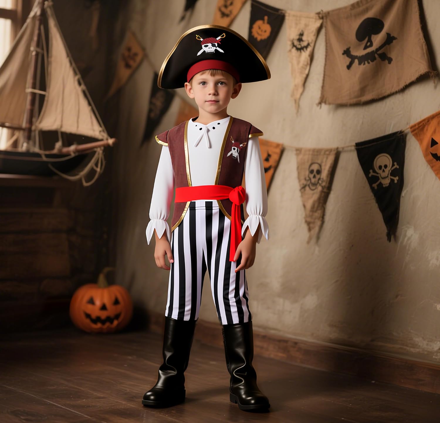 Kids Pirate Costume with Accessories Halloween Party Set for Boys