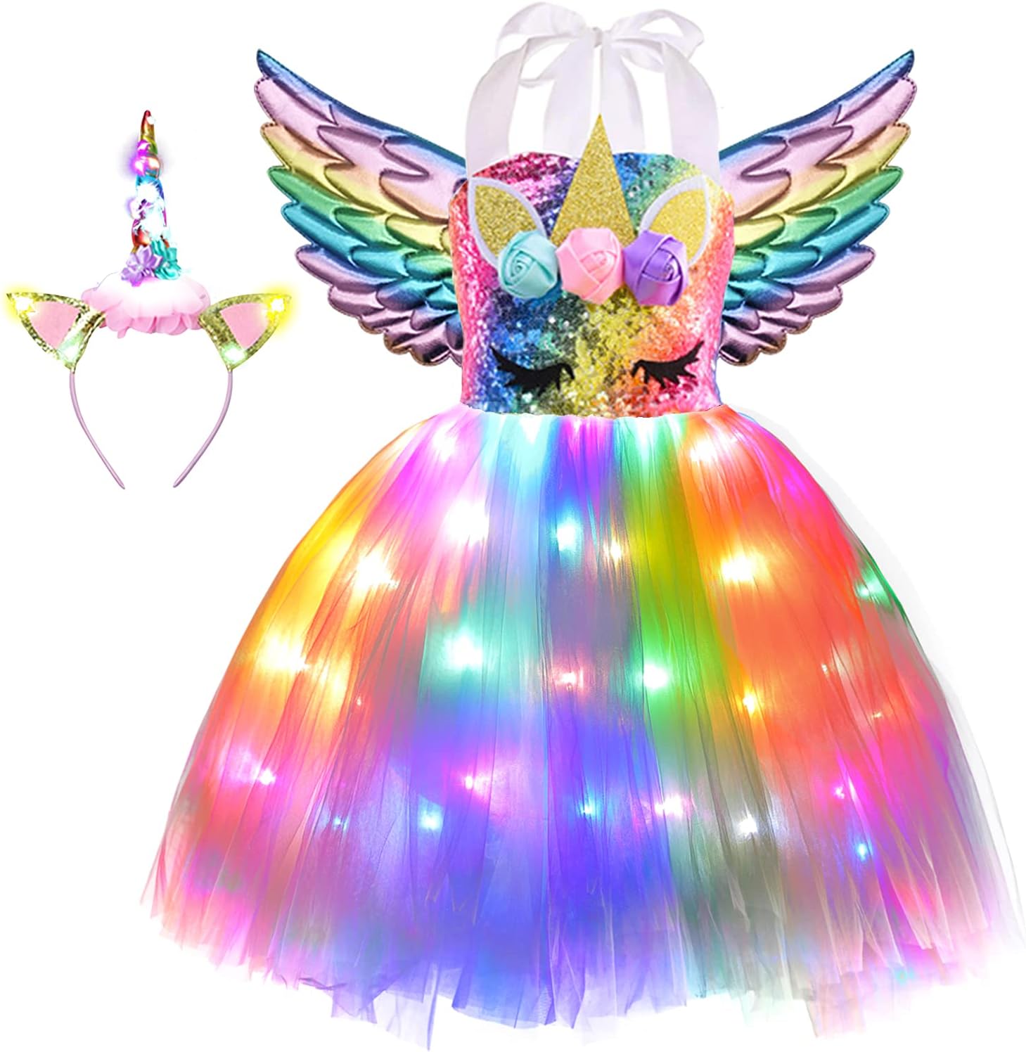 Girls Unicorn Costume LED Light Up Tutu Dress Up