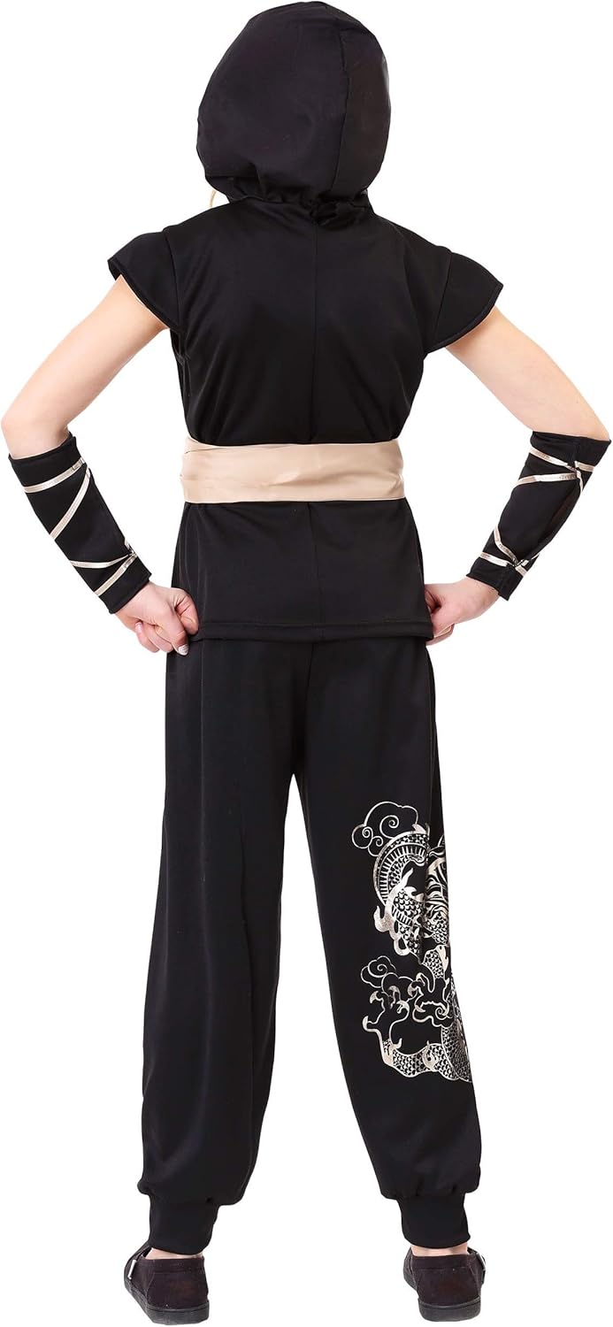 Guardian Ninja Costume for Girls Black Jumpsuit with Gold Trim