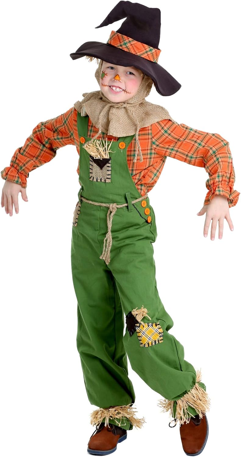 Classic Scarecrow Costume for Kids Halloween Savings Green Overalls Plaid Shirt