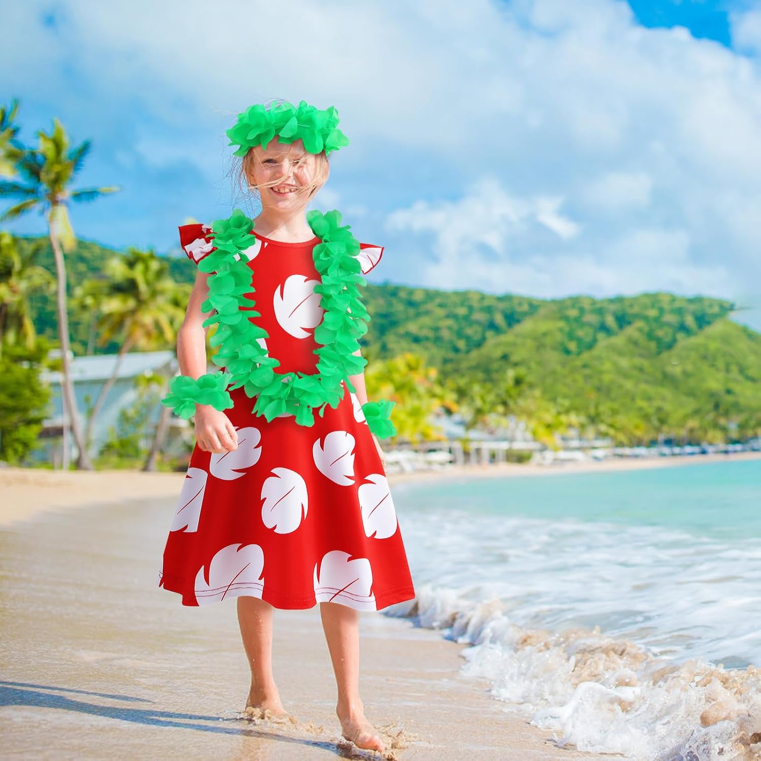 Hawaiian Princess Costume Dress for Kids with Flower Leis and Hair Clip
