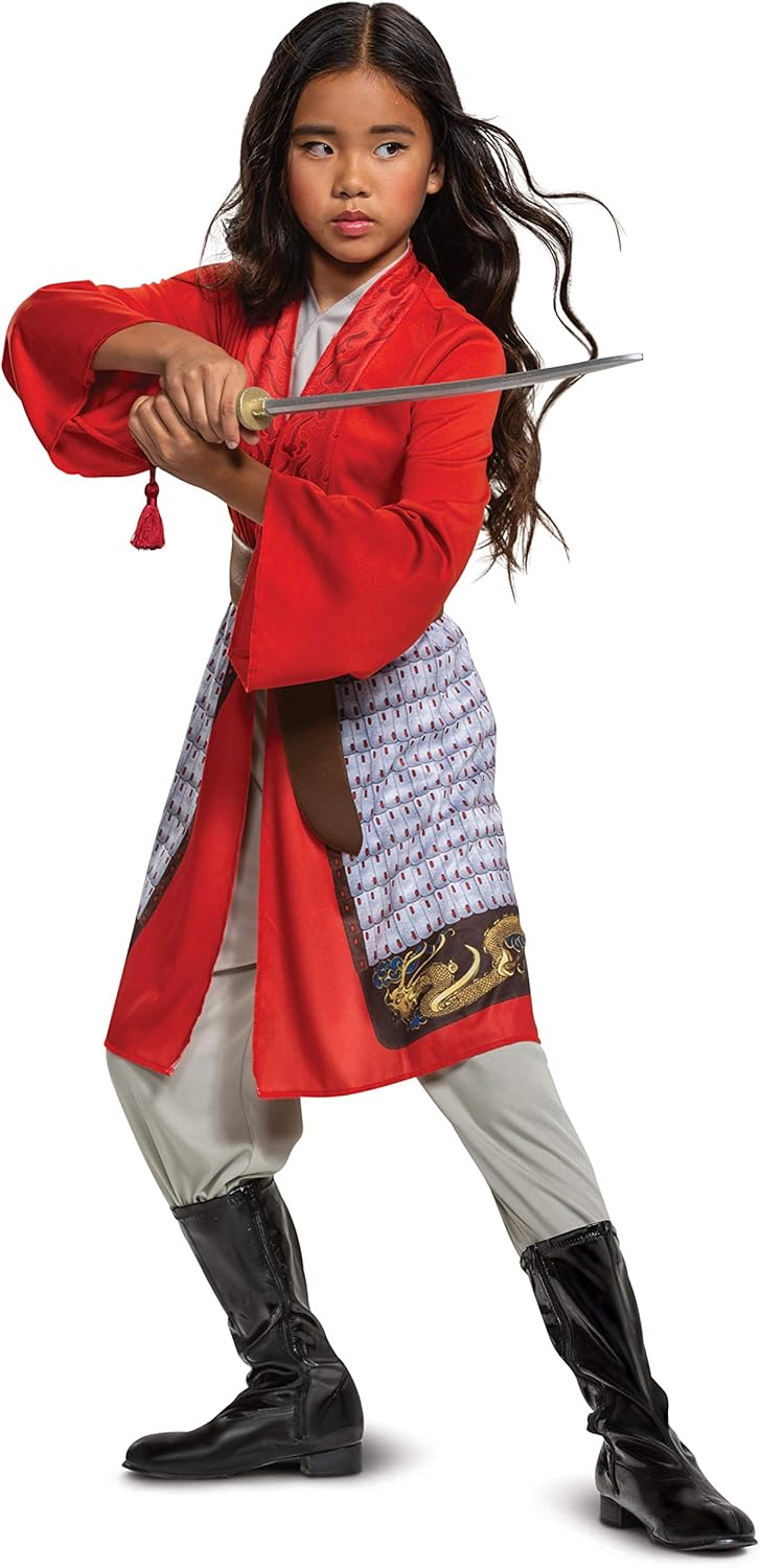 Mulan Costumes - Disney Live Action Girls Costume with Red Tunic and Grey Pants