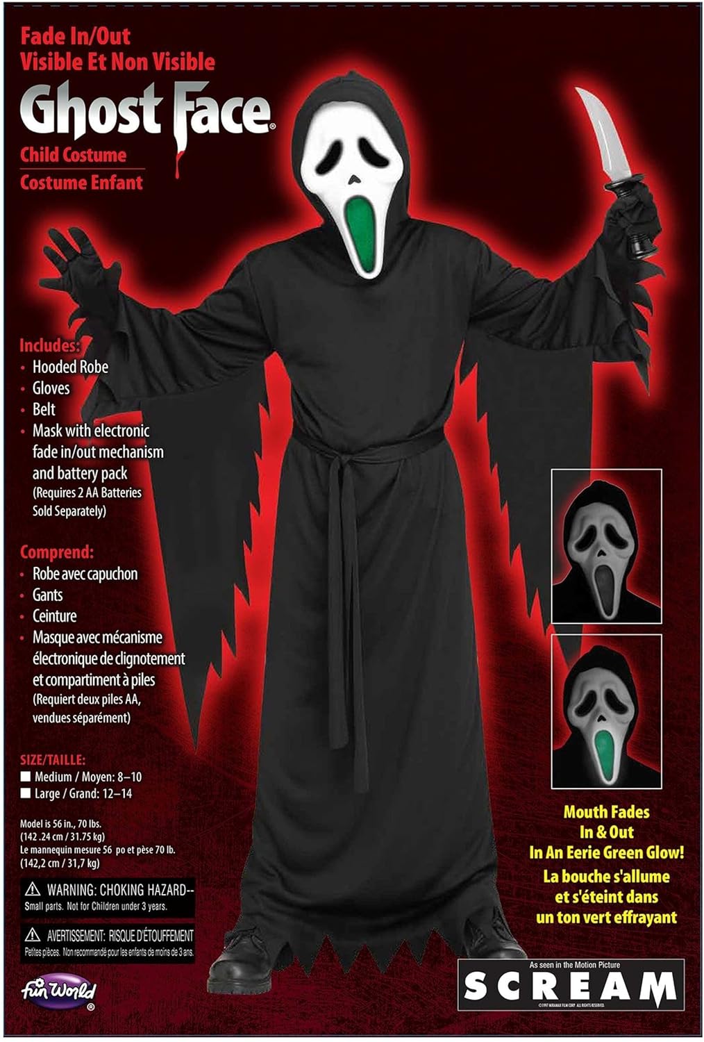 Kids Light-Up Fading Mouth Ghost Face Costume Small