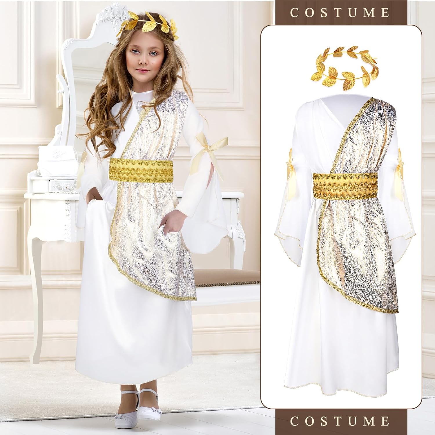Geyoga Womens Greek Toga Costume Halloween Special Roman Crown Leaf Wreath 2-Piece