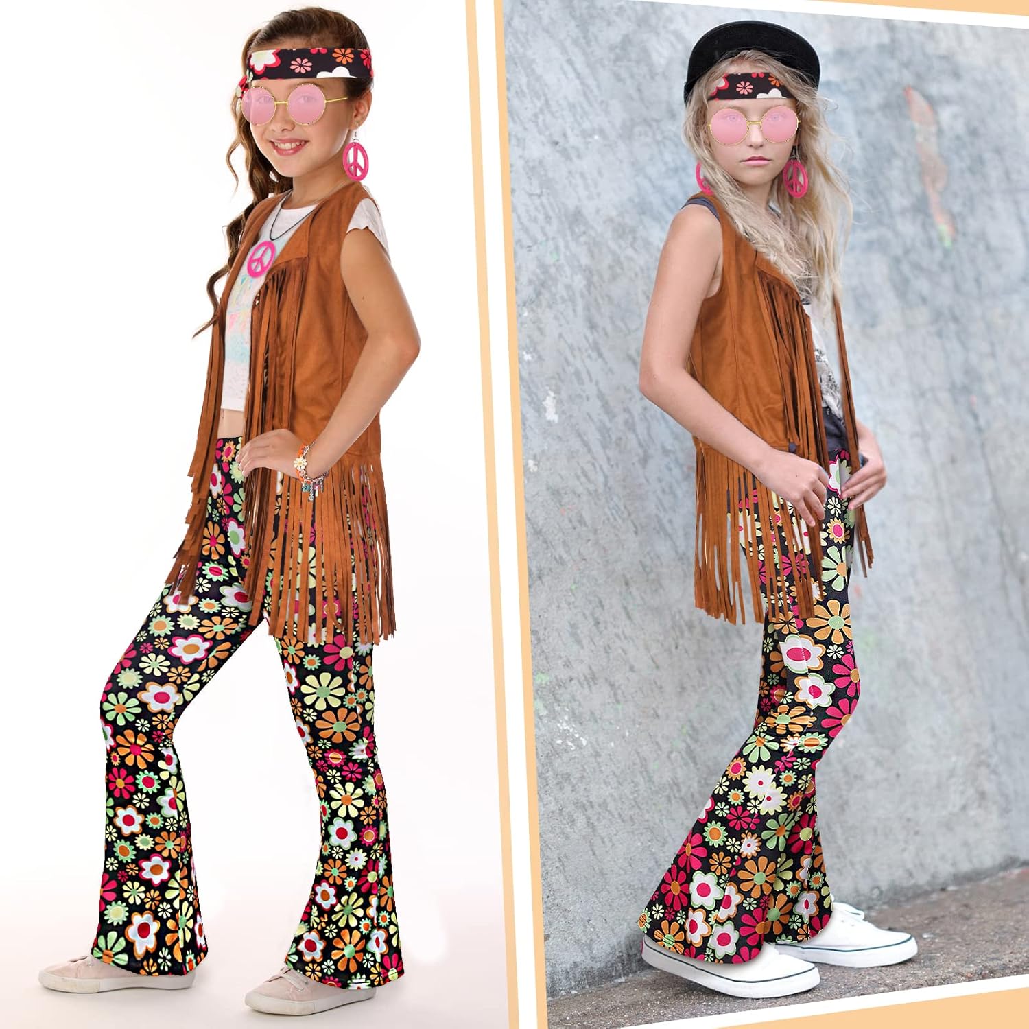 Jenaai 7-Piece 60s70s Hippie Kids Costumes Set Retro Boho Style