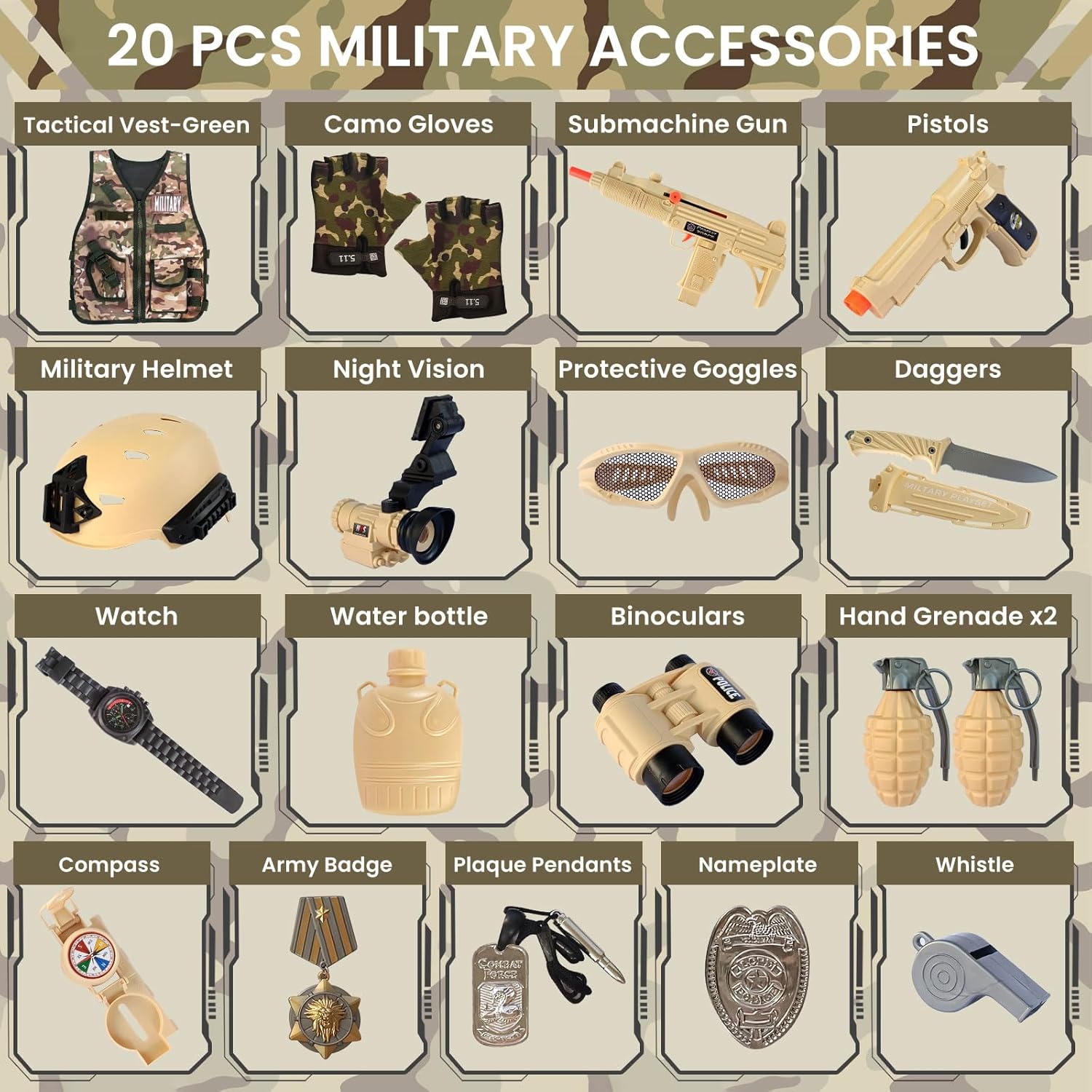 ZIRSENG 20-Piece Army Costume for Kids 3-10