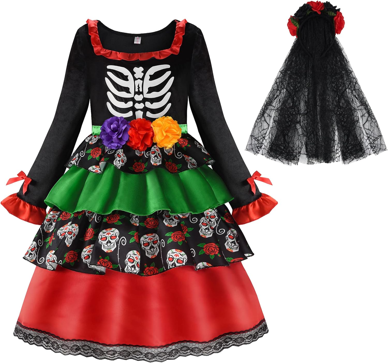 ReliBeauty Kids Day of the Dead Sugar Skull costume for Girls