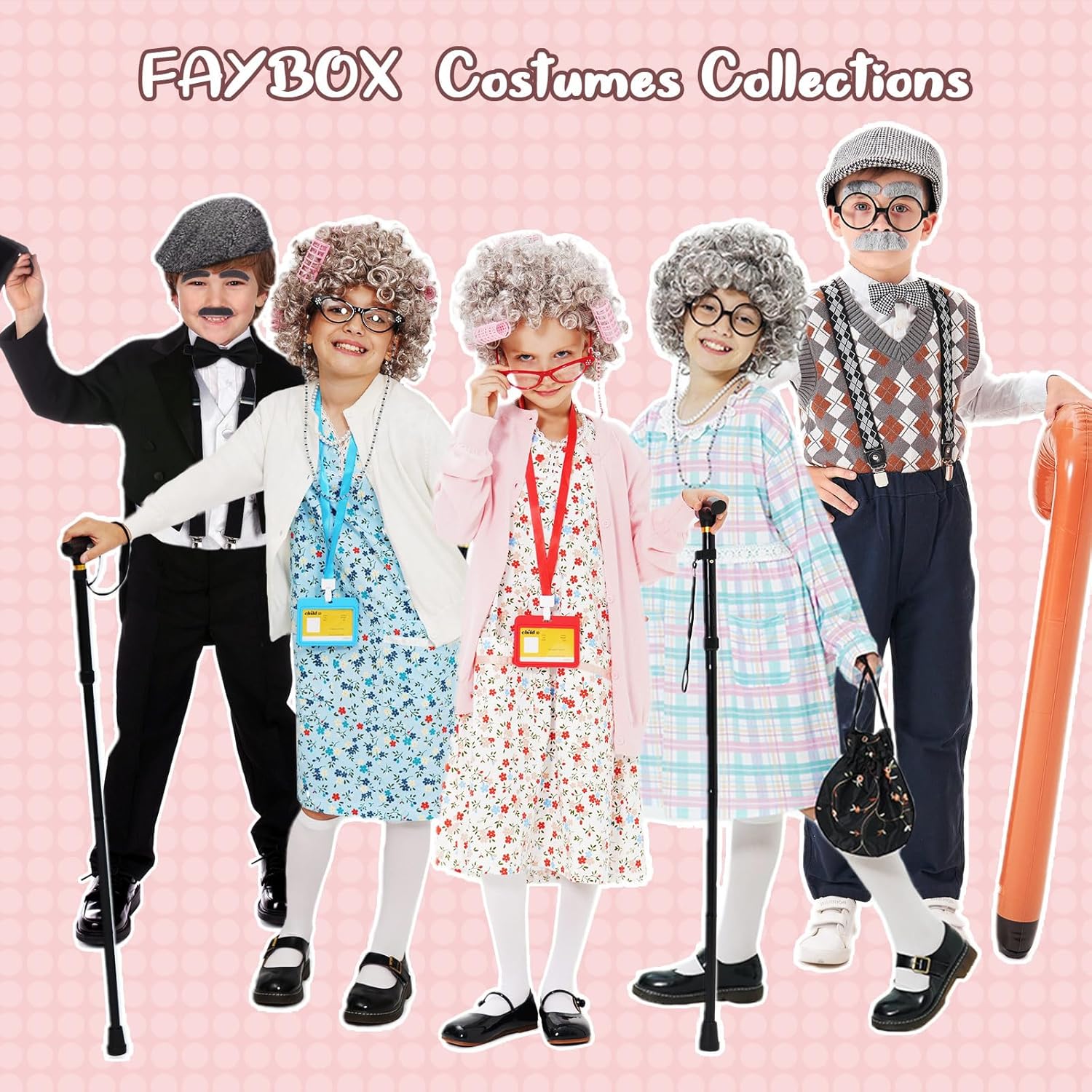 FAYBOX 9-Piece Old Lady Costume for Kids
