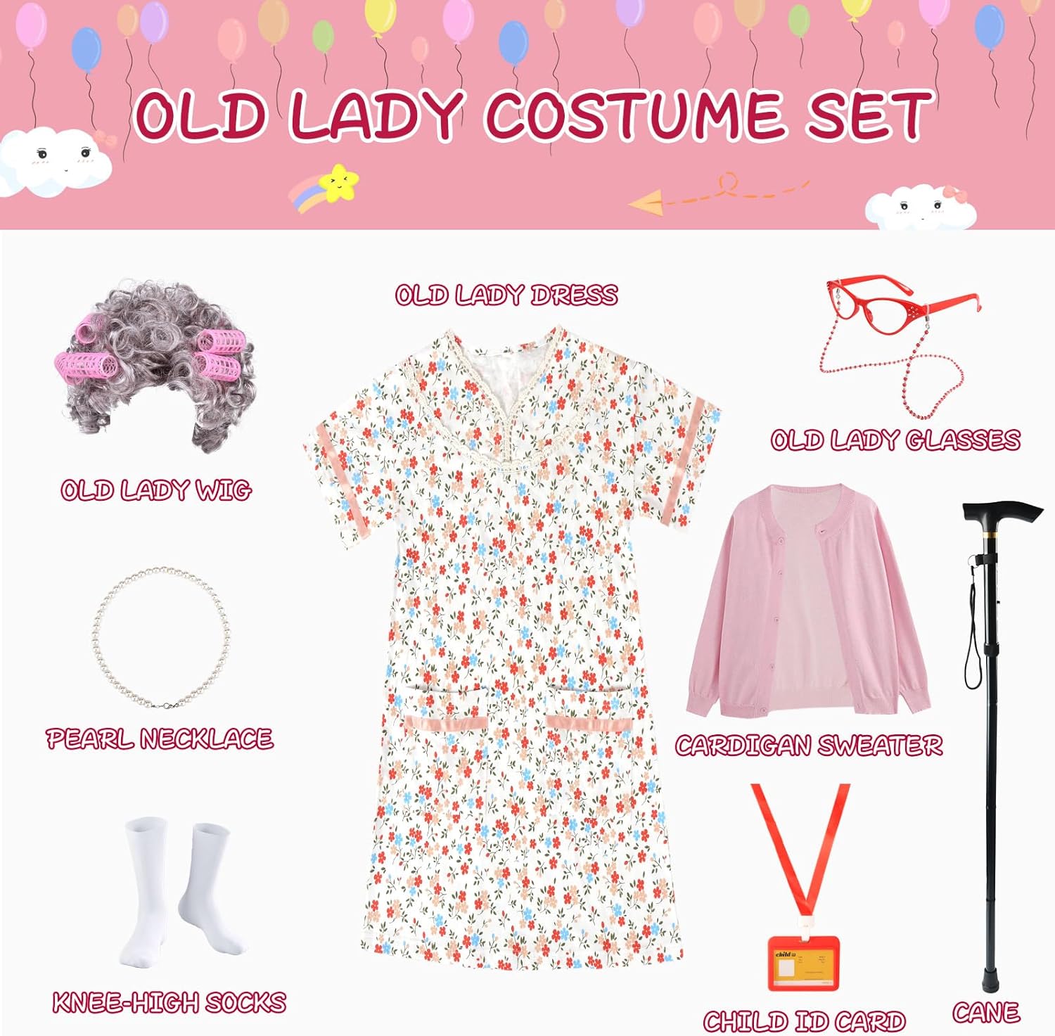 FAYBOX 9-Piece Old Lady Costume for Kids