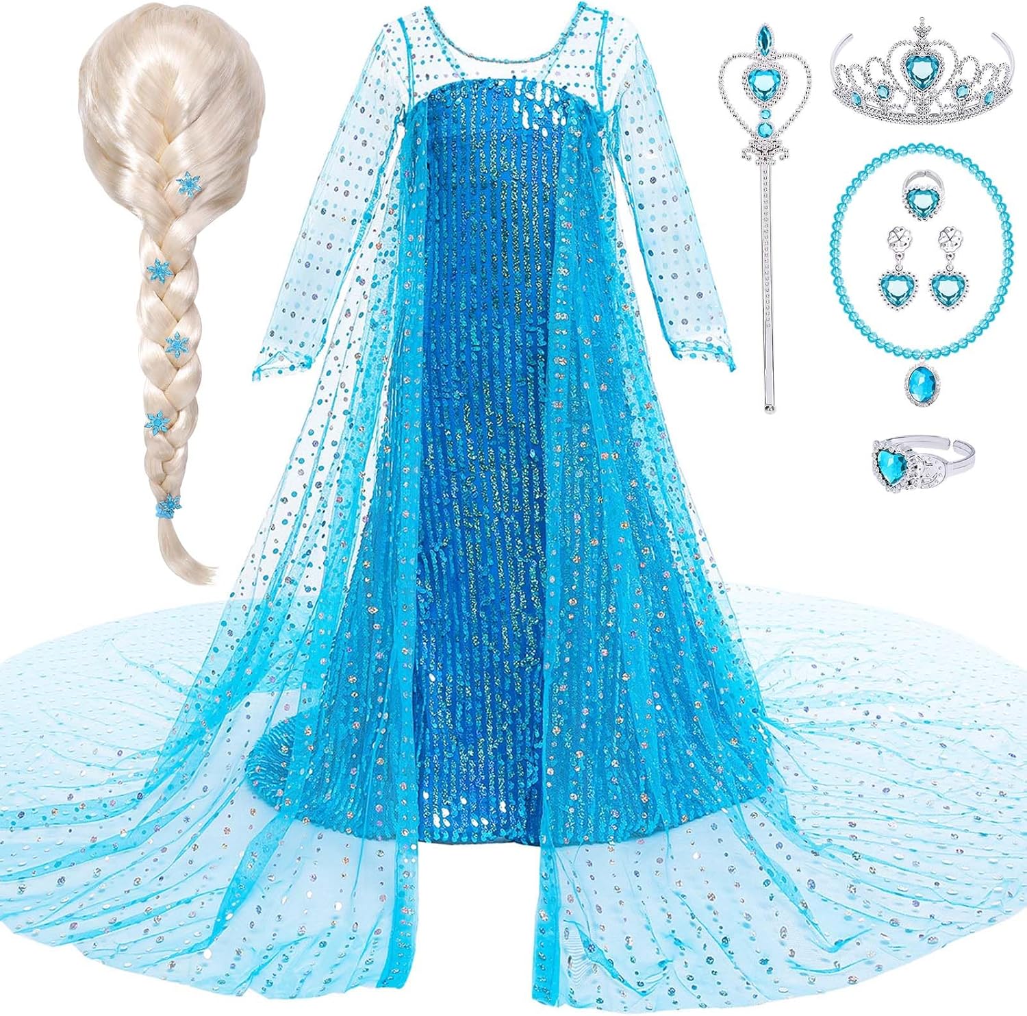 GC Elsa Princess Costume Dress with Wig and Cape