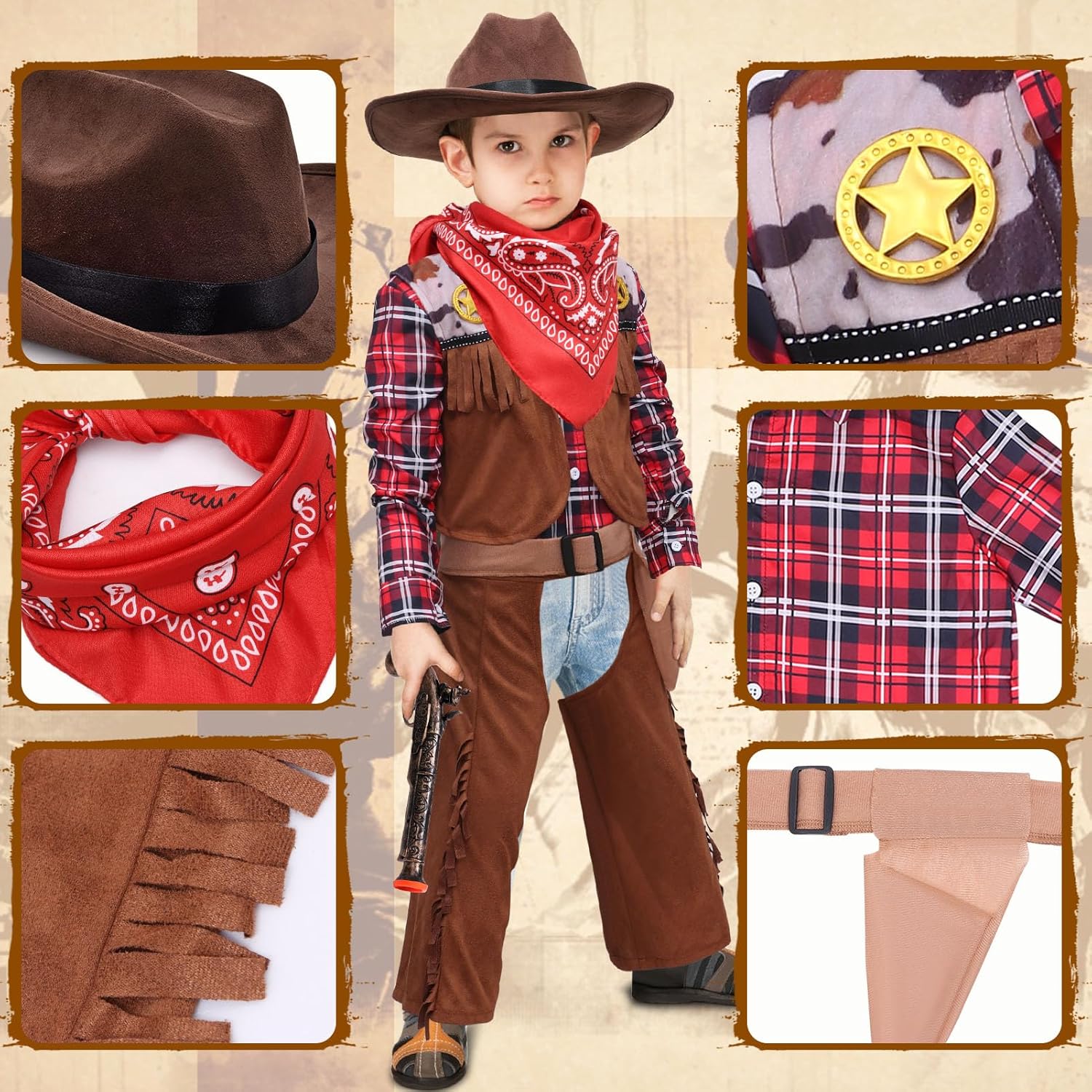 Latocos 7 PCS Kids Cowboy Costume Set for Boys Halloween Party