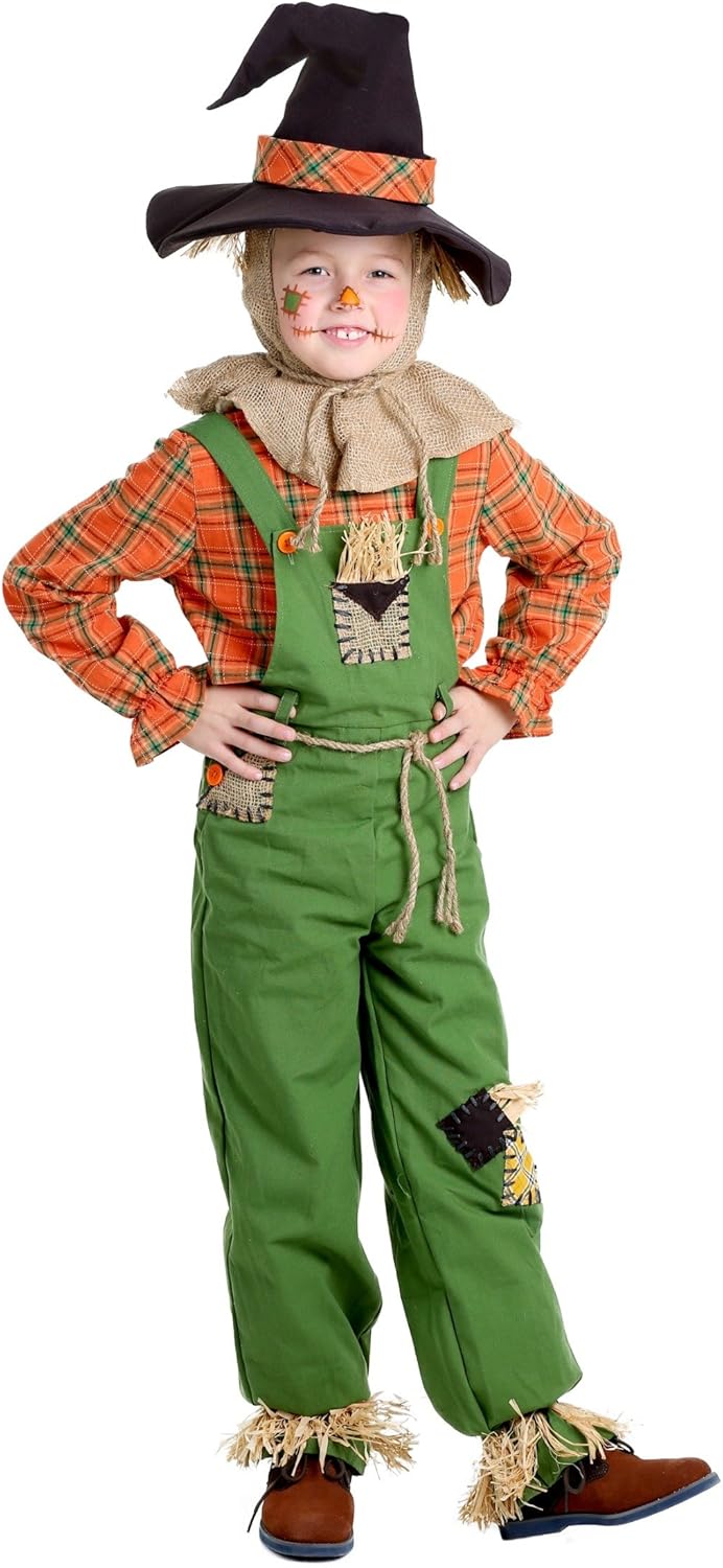 Classic Scarecrow Costume for Kids Halloween Savings Green Overalls Plaid Shirt