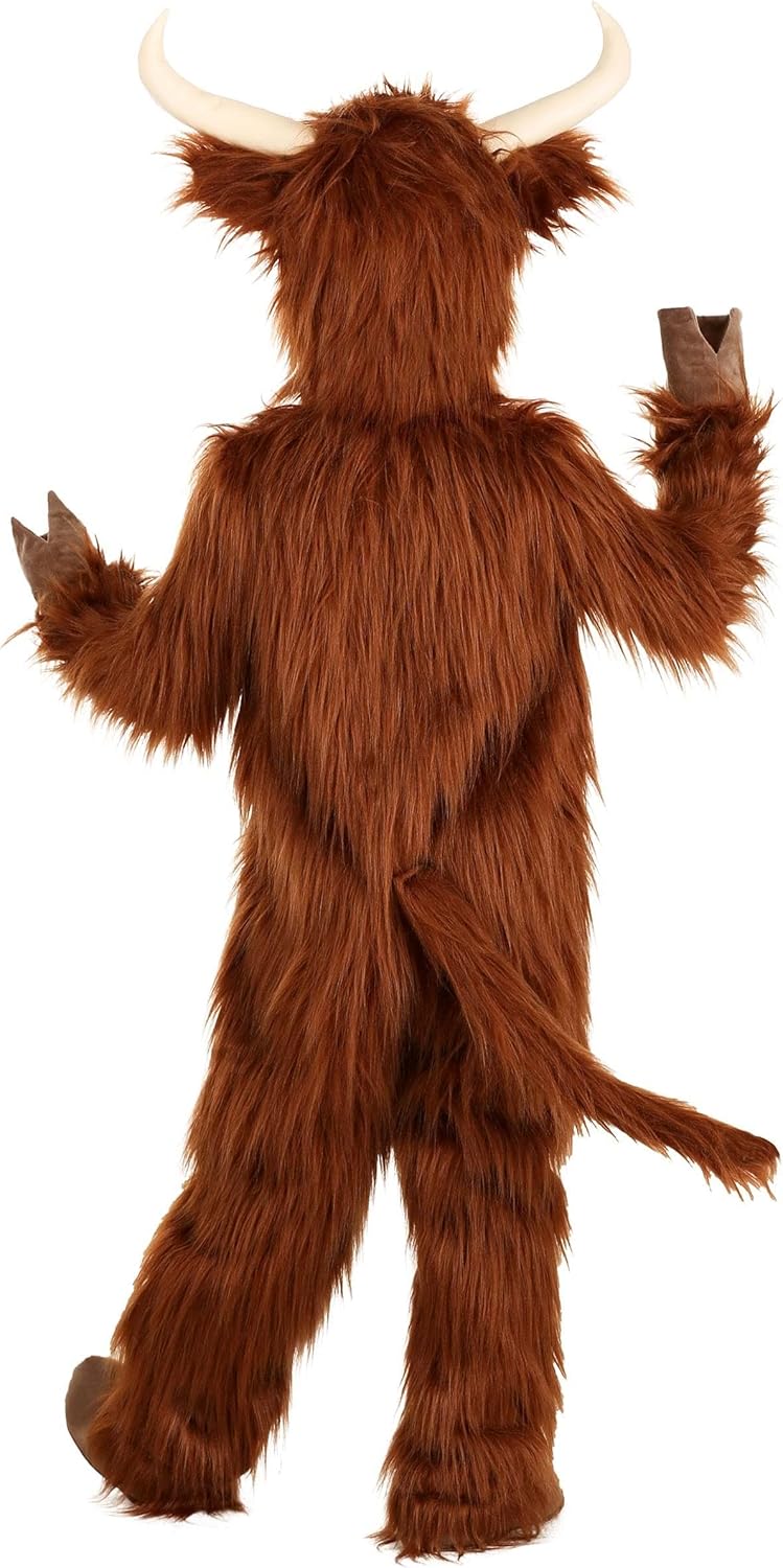 Kids Highland Cow Costume Faux Fur Velour Jumpsuit Adjustable Hood X-Large