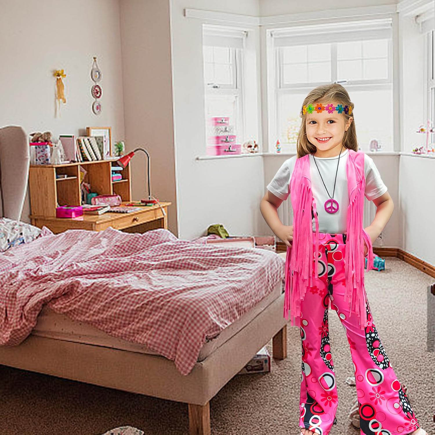 8-Piece Girls 60s-70s Hippie Costume Set with Bohemian Accessories