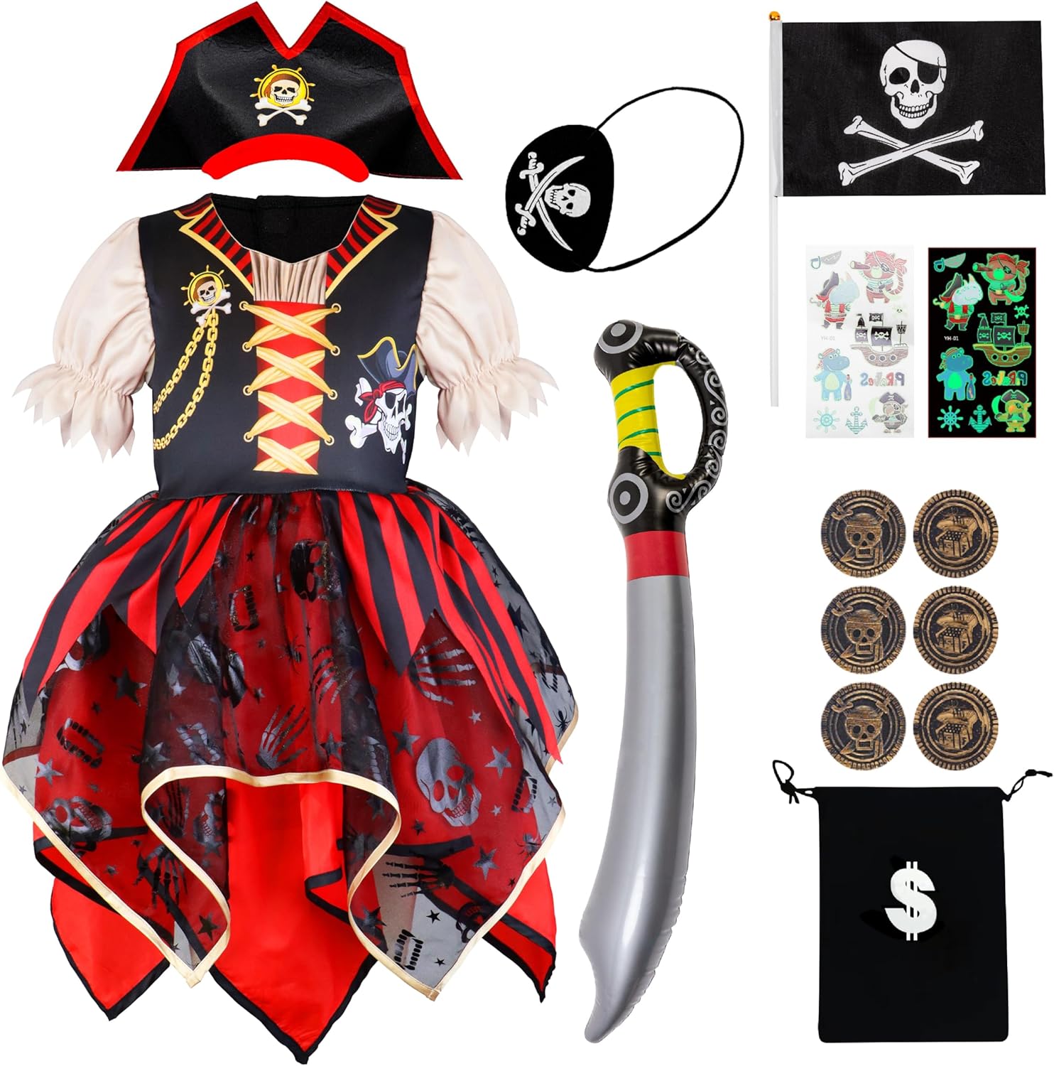IKALI Girls Pirate Costume with Hat and Accessories 1