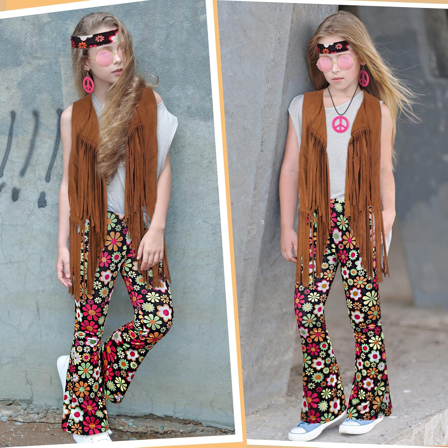 Jenaai 7-Piece 60s70s Hippie Kids Costumes Set Retro Boho Style