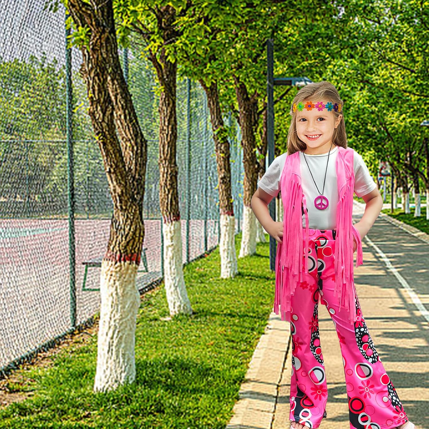 8-Piece Girls 60s-70s Hippie Costume Set with Bohemian Accessories