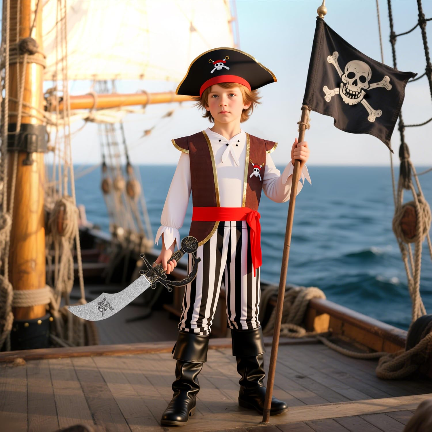 Kids Pirate Costume with Accessories Halloween Party Set for Boys