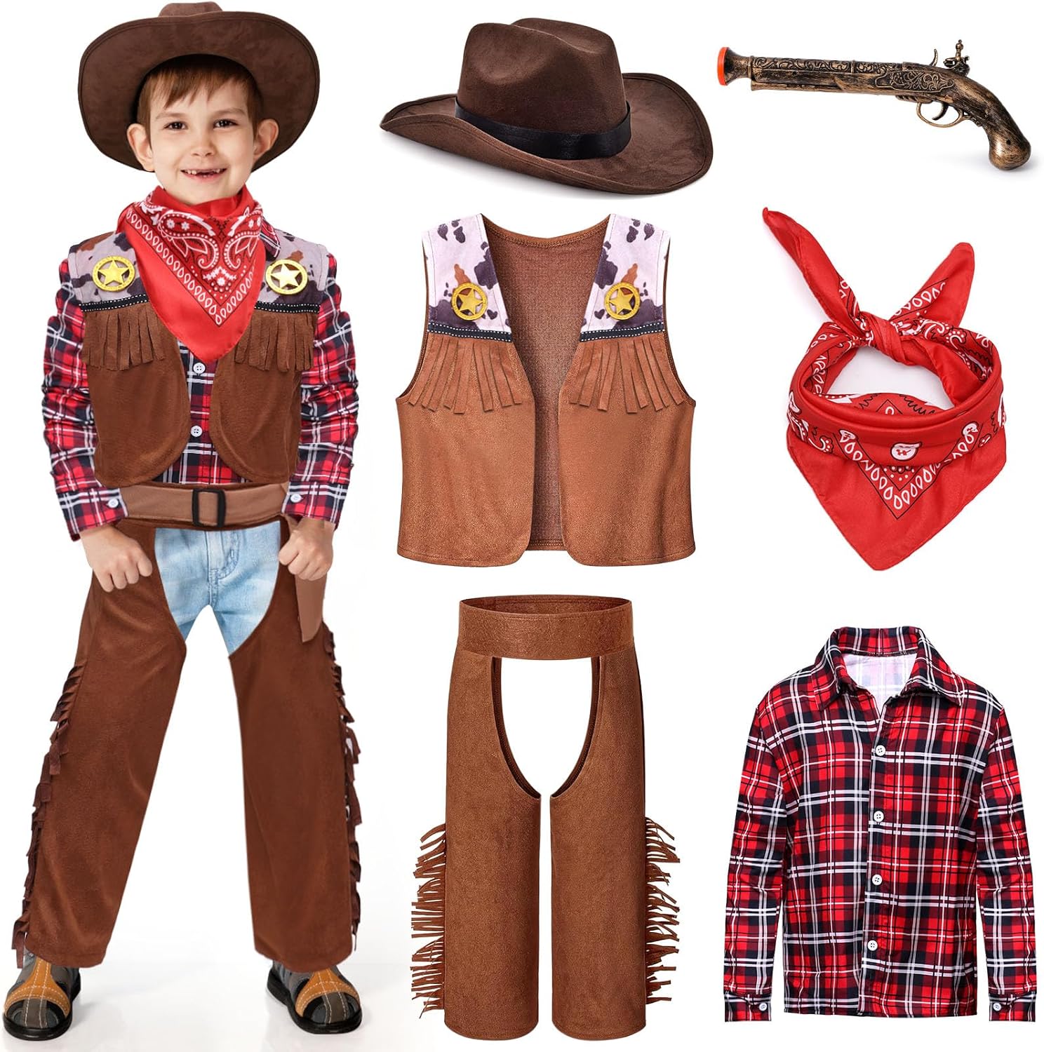 Latocos 7 PCS Kids Cowboy Costume Set for Boys Halloween Party