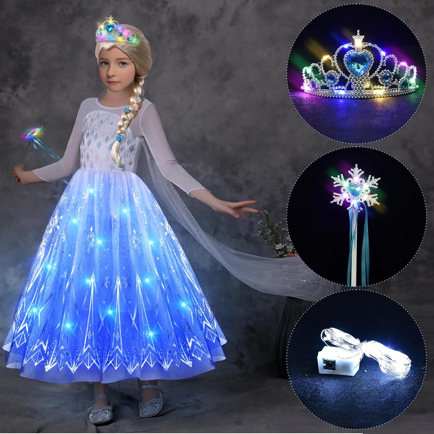 Latocos Light Up Princess 7PC Set for Girls Kids Princess Dress Up